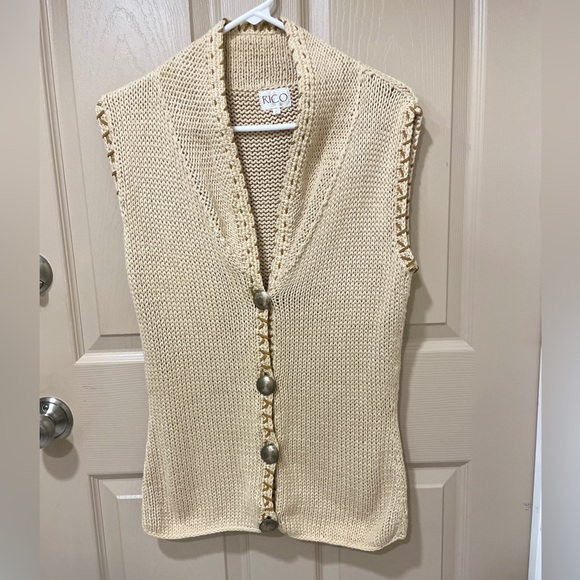 Rico Sweaters - Rico Vintage 80’s-90’s Beige Brown Stitching Knit Button-Up Vest Cottagecore S